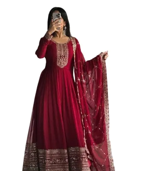 Miss Ethnic Hub's Traditional Anarkali Gown with Dupatta Set with Golden jari Embroidered Details, Long Sleeves